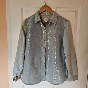 Shimmering Sequin Button Down Denim Shirt - Eclectic 80s Vibes